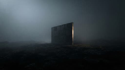 A lone concrete structure in a foggy landscape