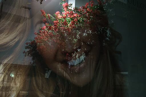 A portrait layered with flowering branches