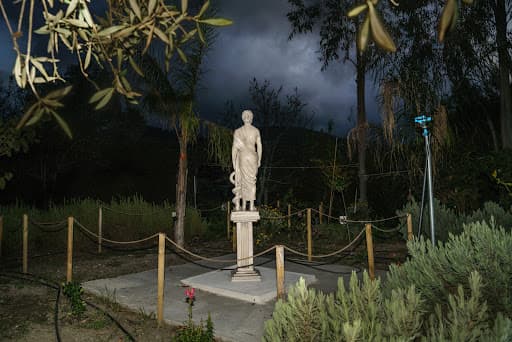 A classical white statue in a dark Mediterranean garden